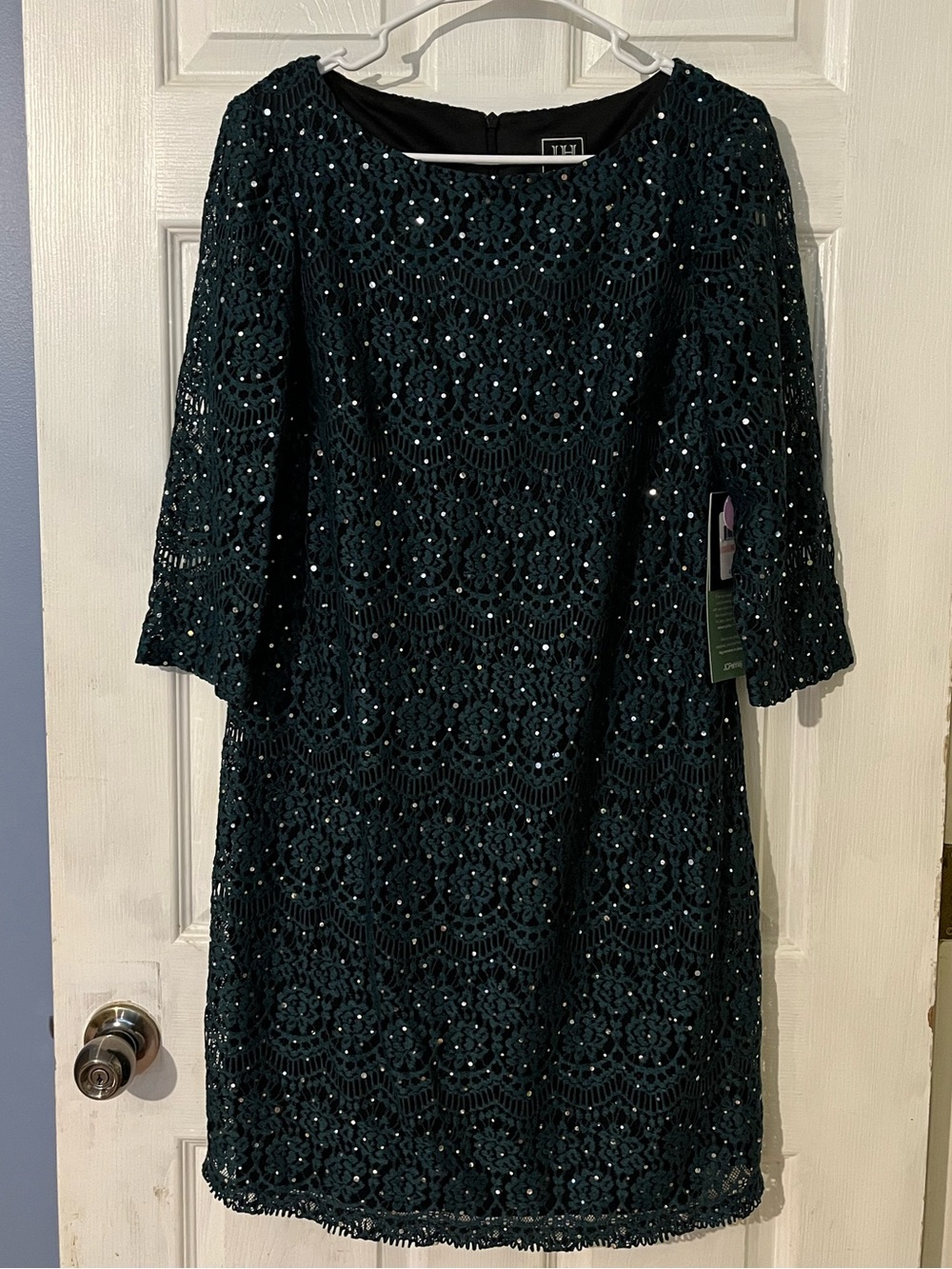 Embellished Lace Midi Dress in Teal with Three-Quarter Sleeves